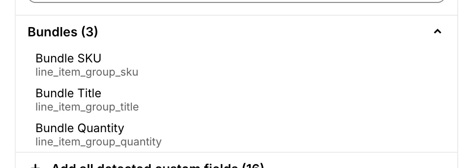The Bundles section of the template builder field list with Bundle SKU, Bundle Title and Bundle Quantity