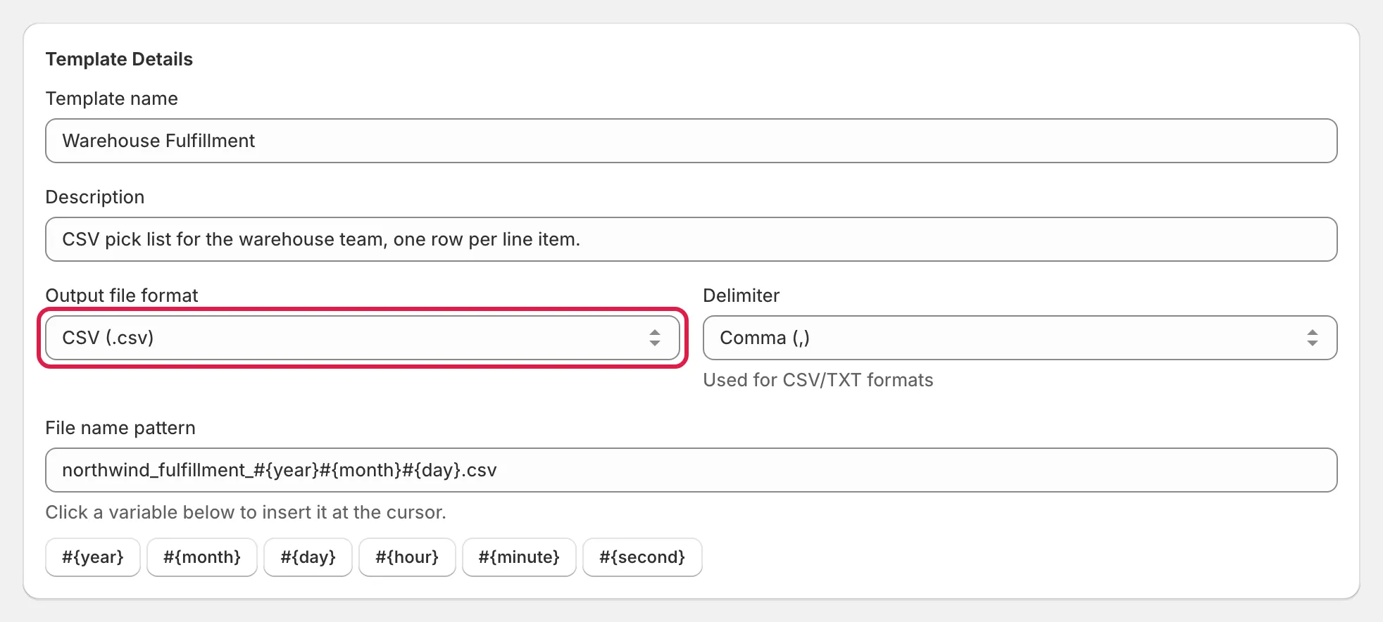 Template Details card with the Output format select highlighted