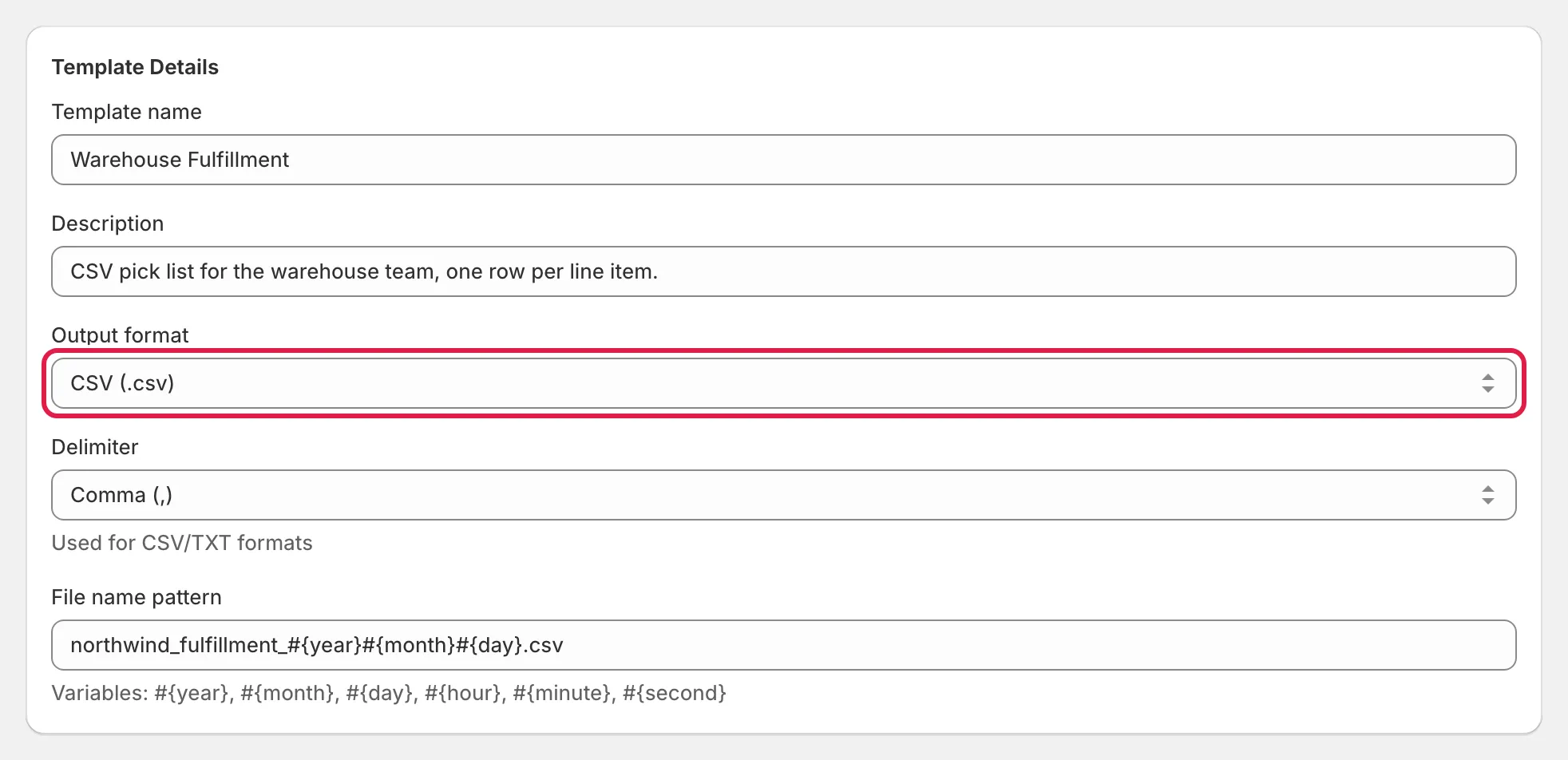 Template Details card with the Output format select highlighted
