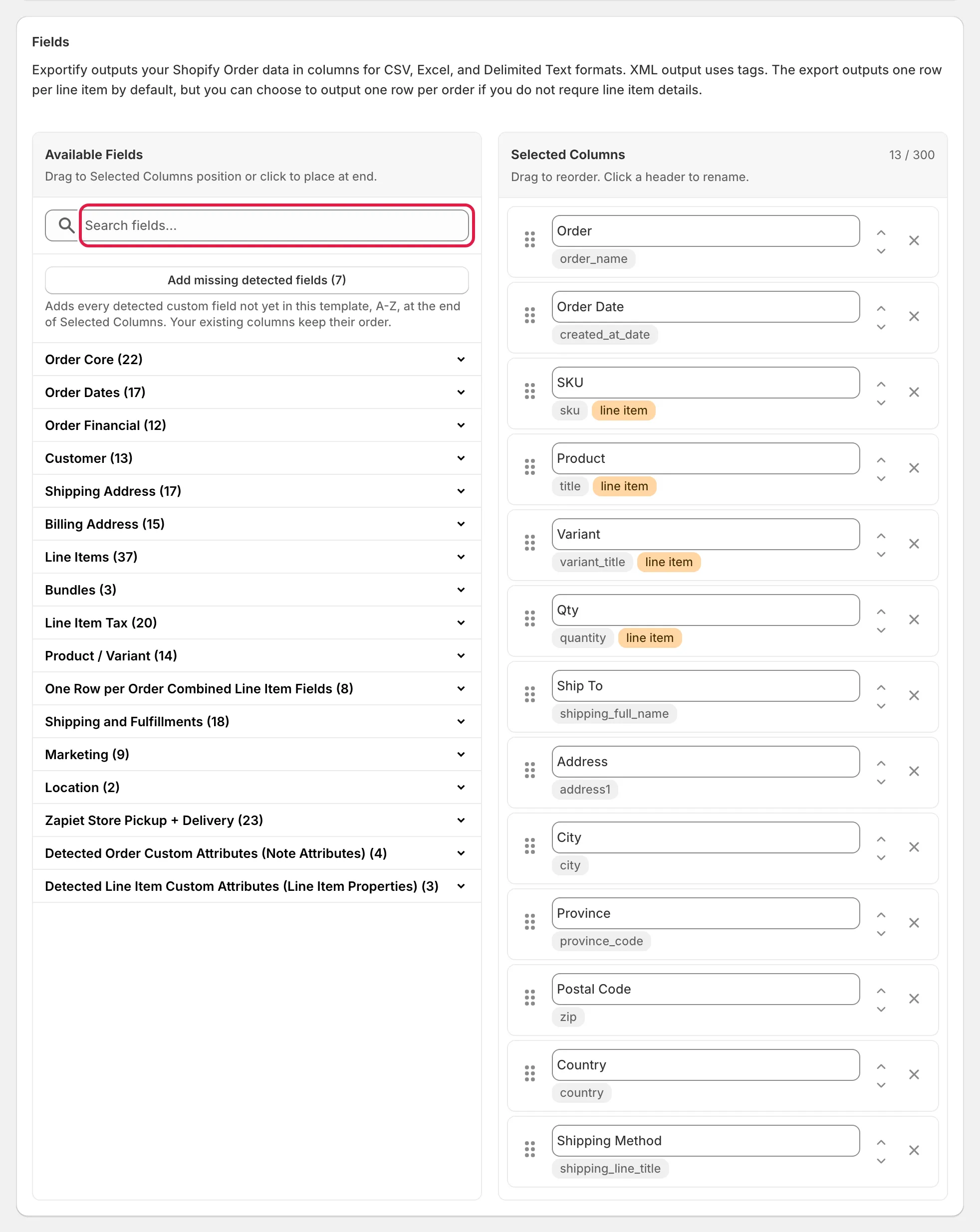 The Fields card: Available Fields on the left with the search box highlighted, Selected Columns on the right