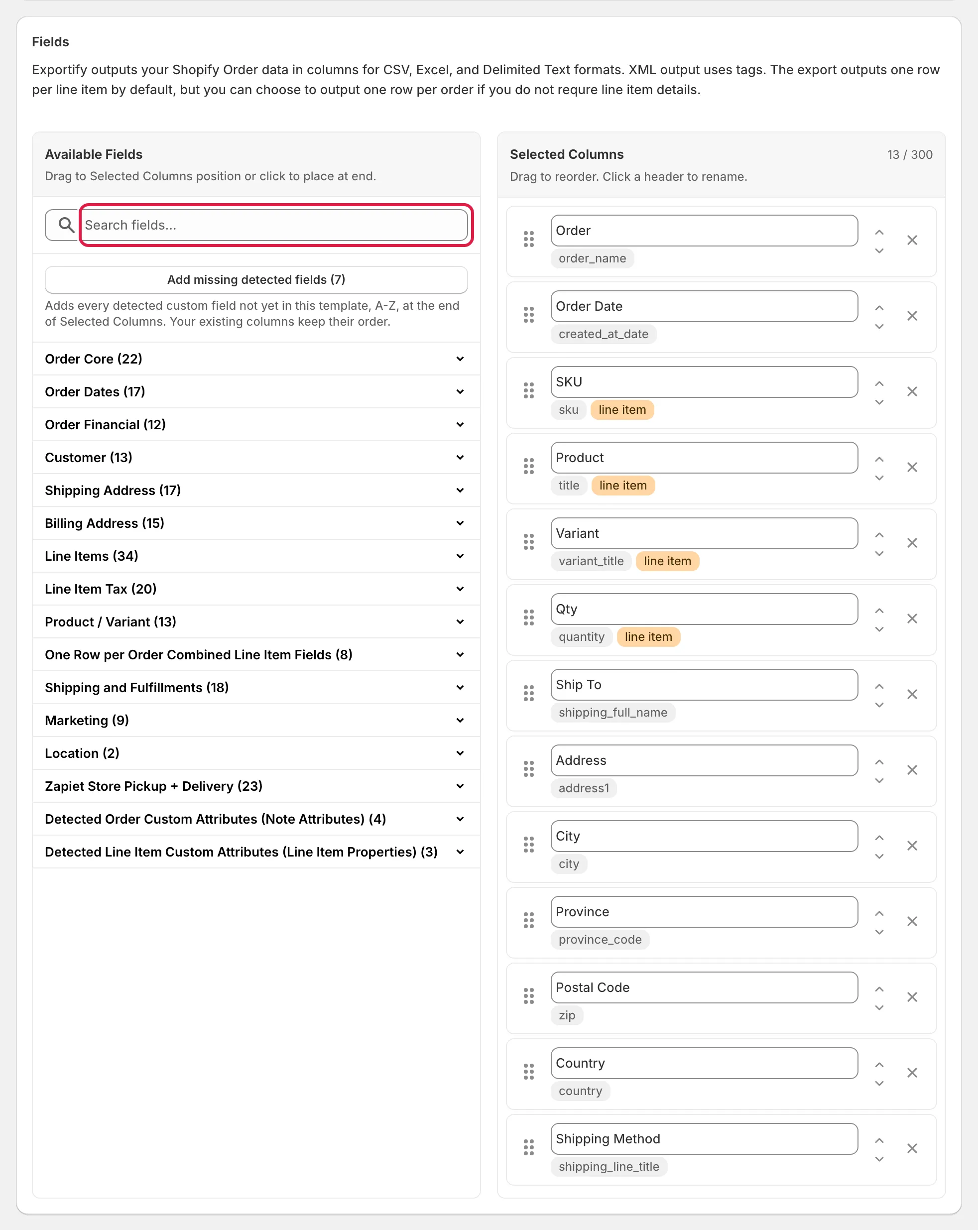 The Fields card: Available Fields on the left with the search box highlighted, Selected Columns on the right