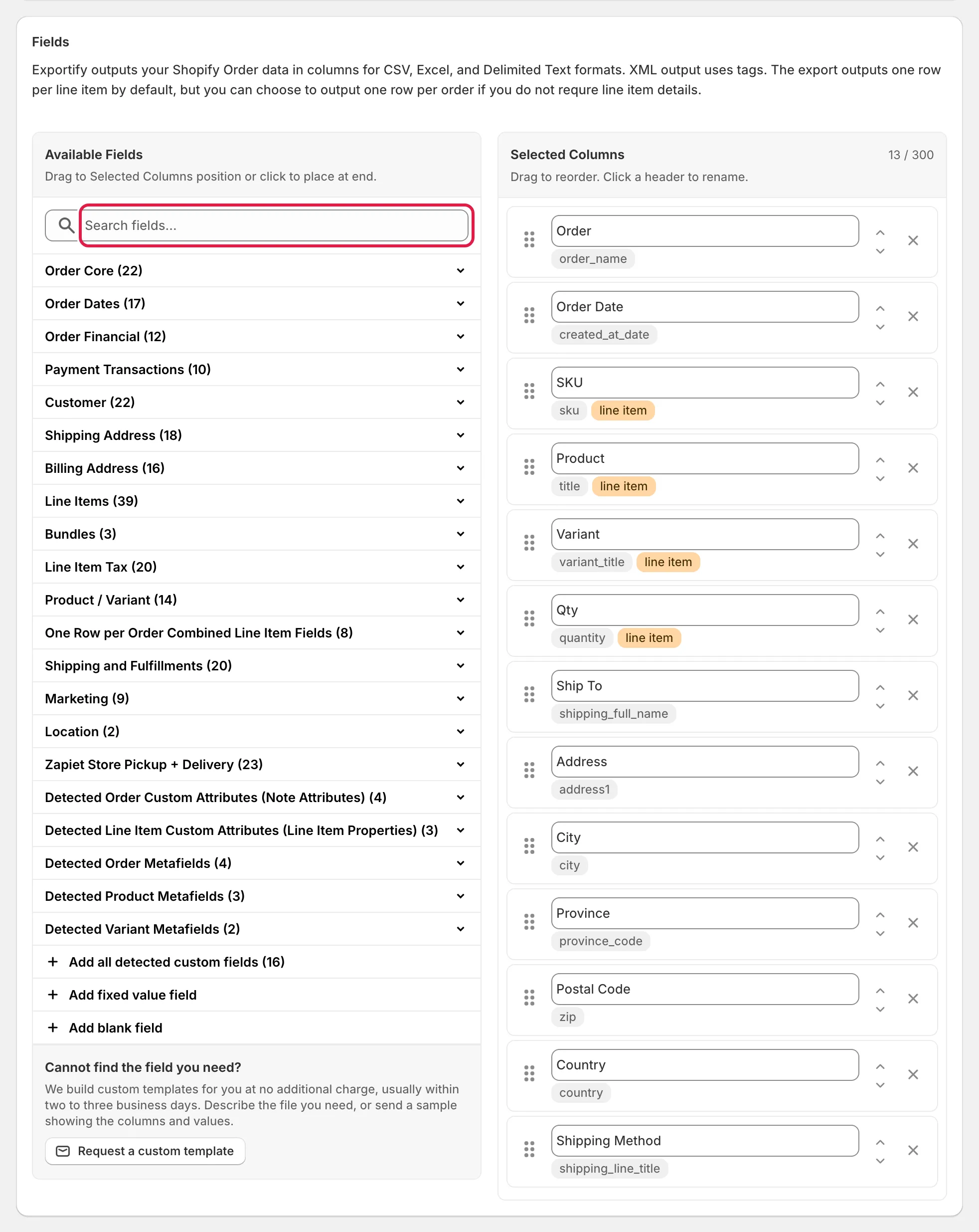 The Fields card: Available Fields on the left with the search box highlighted, Selected Columns on the right