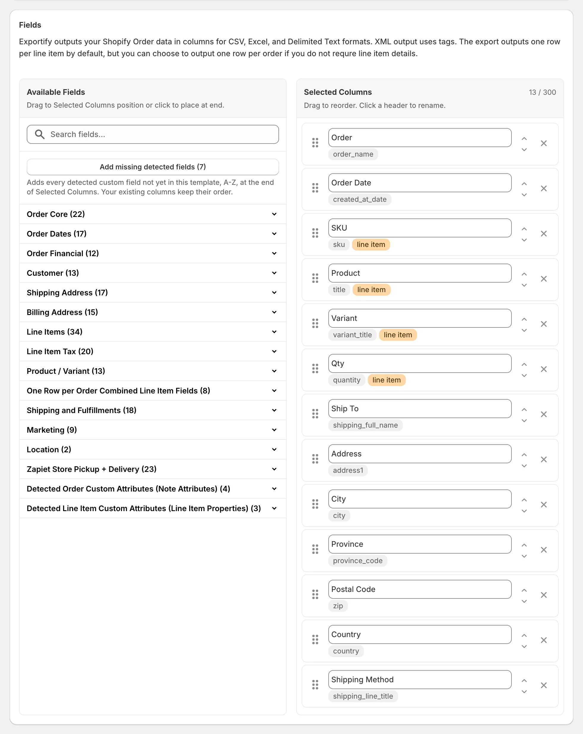 The Fields card with the detected custom field categories at the bottom of Available Fields