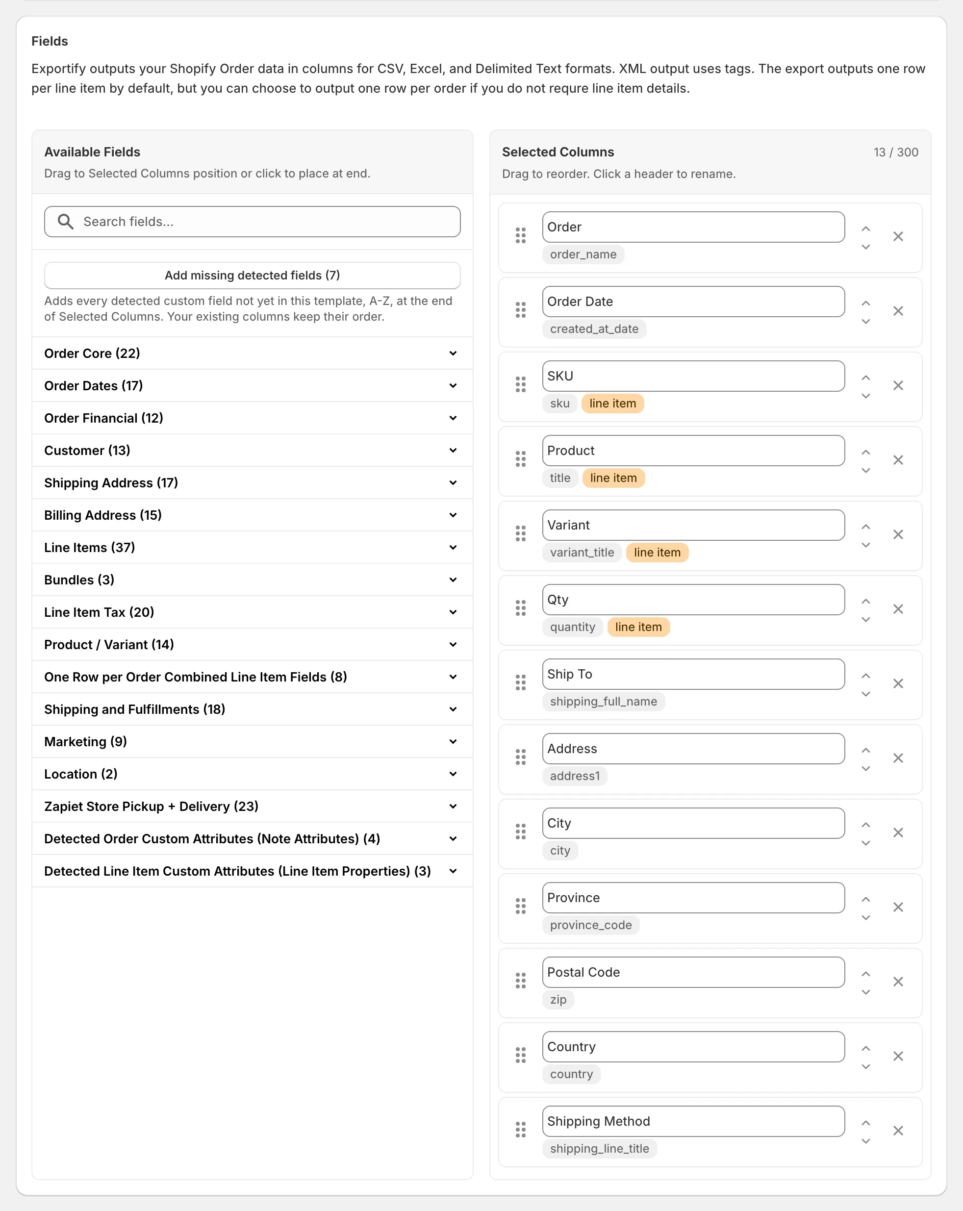 The Fields card with the detected custom field categories at the bottom of Available Fields