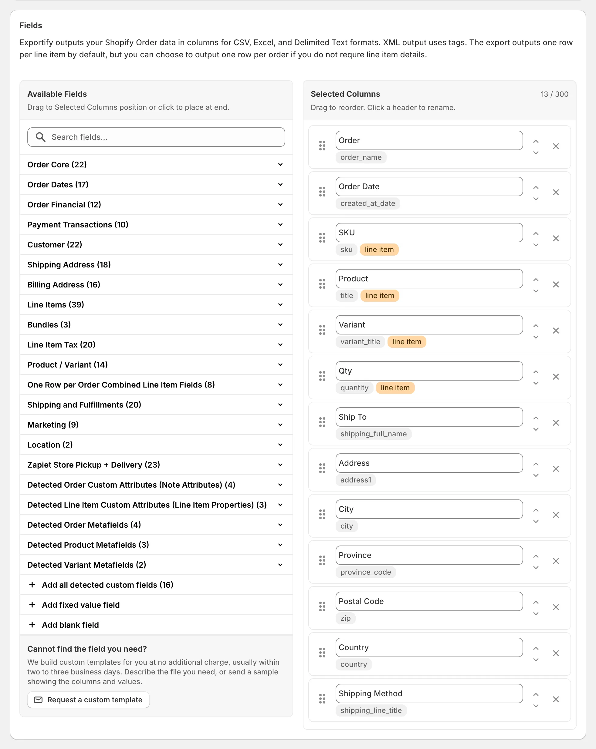 The Fields card with the detected custom field categories at the bottom of Available Fields