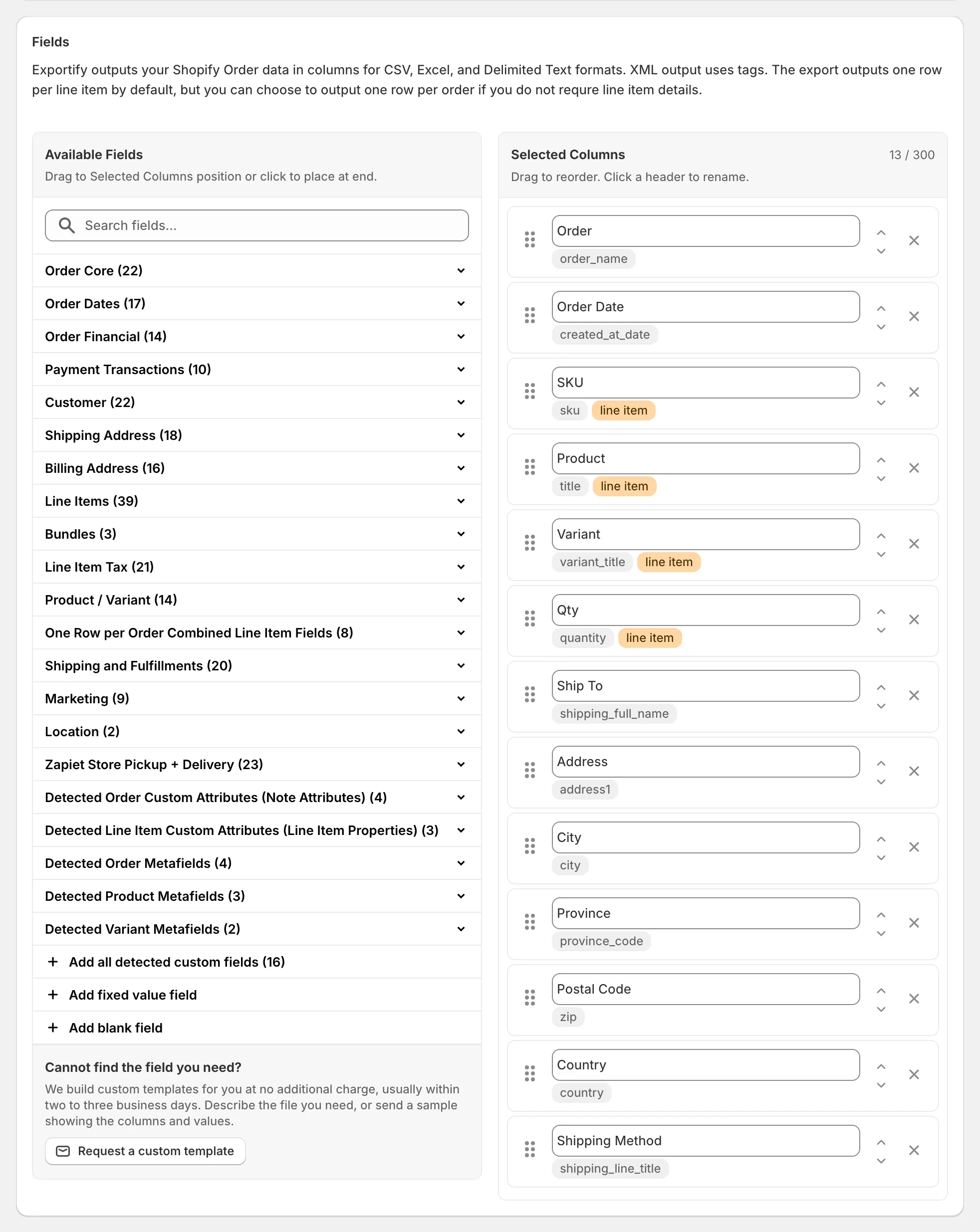 The Fields card with the detected custom field categories at the bottom of Available Fields