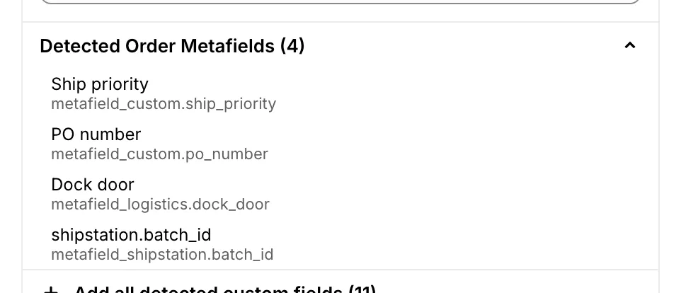 The Detected Order Metafields category in the template builder, listing each metafield by its name with its namespace and key underneath