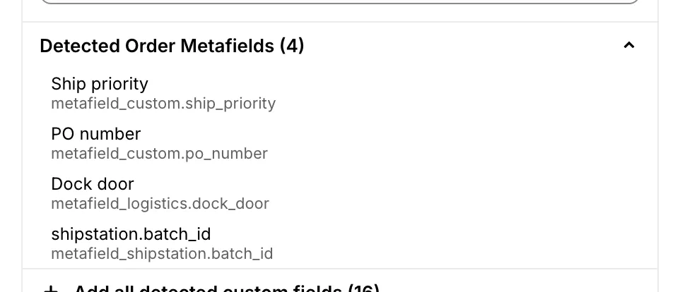 The Detected Order Metafields category in the template builder, listing each metafield by its name with its namespace and key underneath