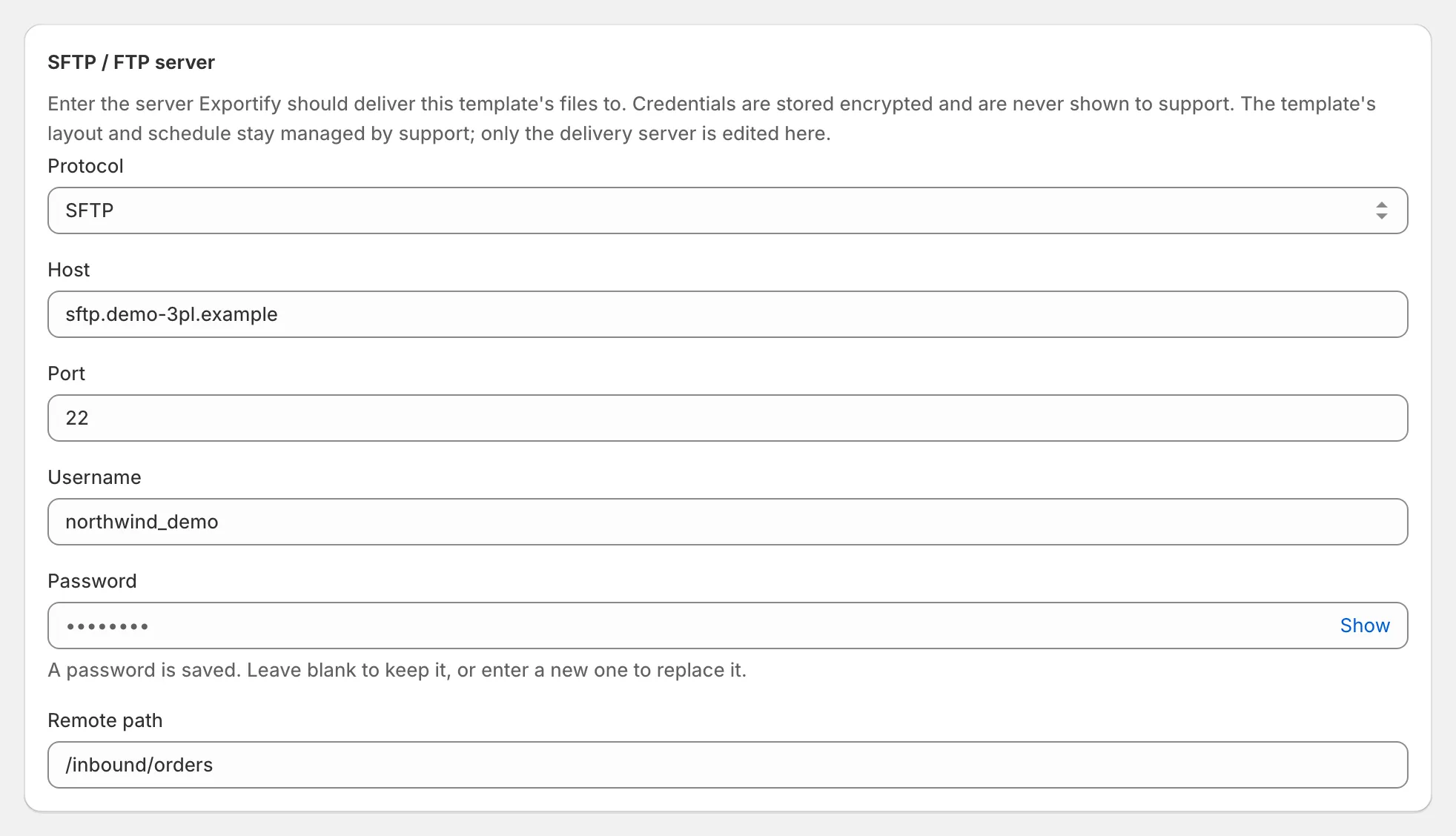 Delivery settings: the SFTP / FTP server form with protocol, host, port, username, password and remote path