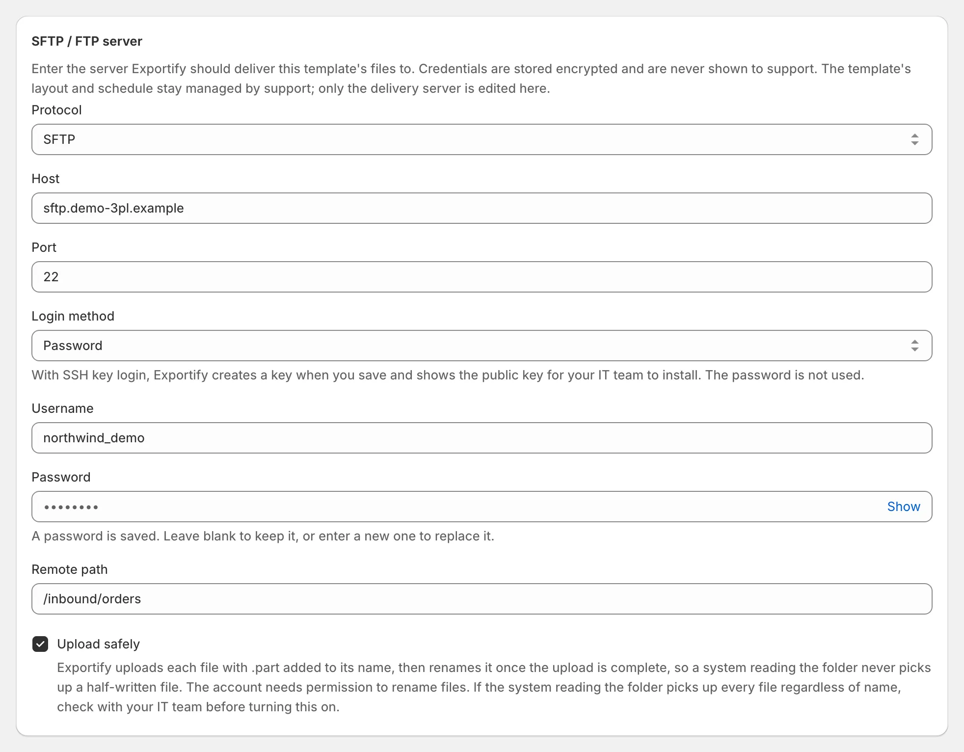 Delivery settings: the SFTP / FTP server form with protocol, host, port, username, password and remote path