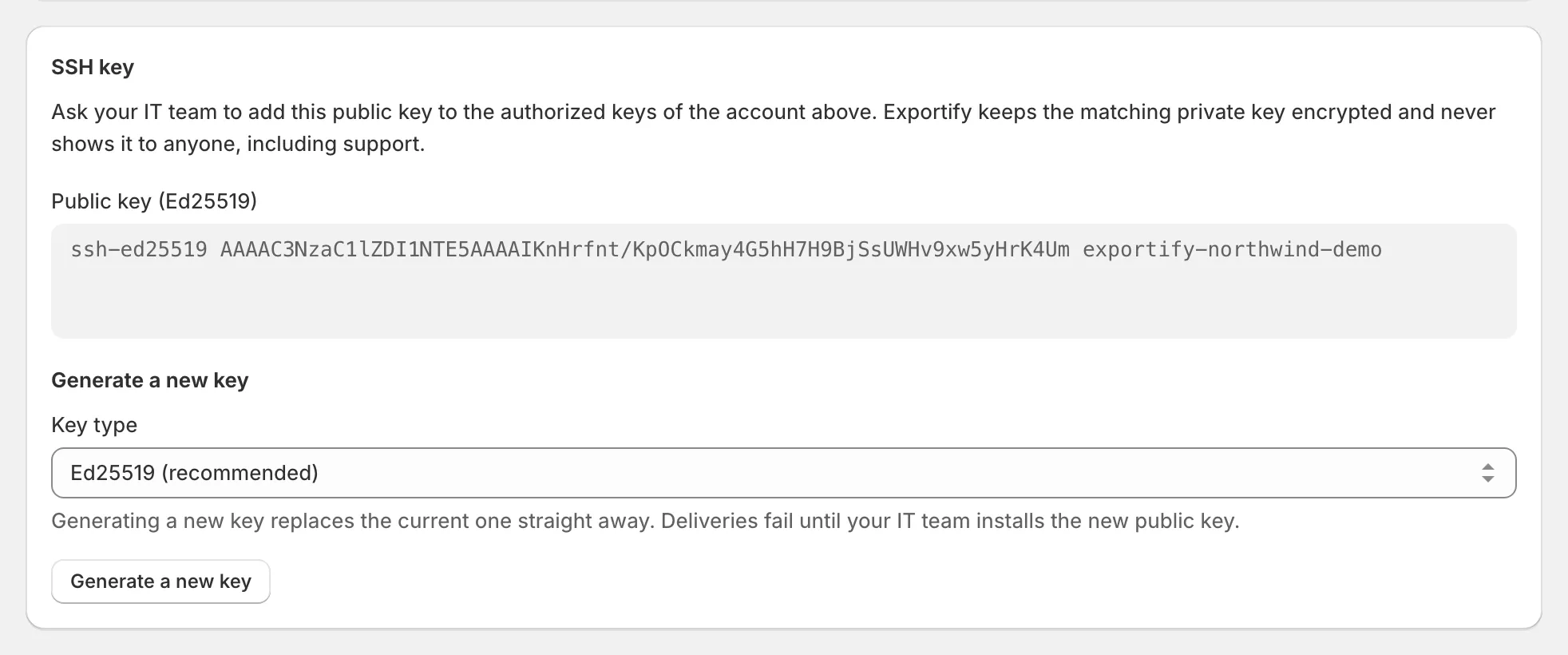 Delivery settings: the SSH key card with the public key to install on the server