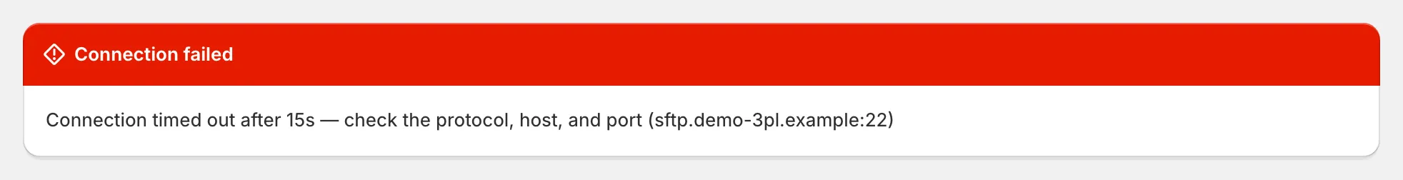 Delivery settings: a "Connection failed" banner naming the host and port