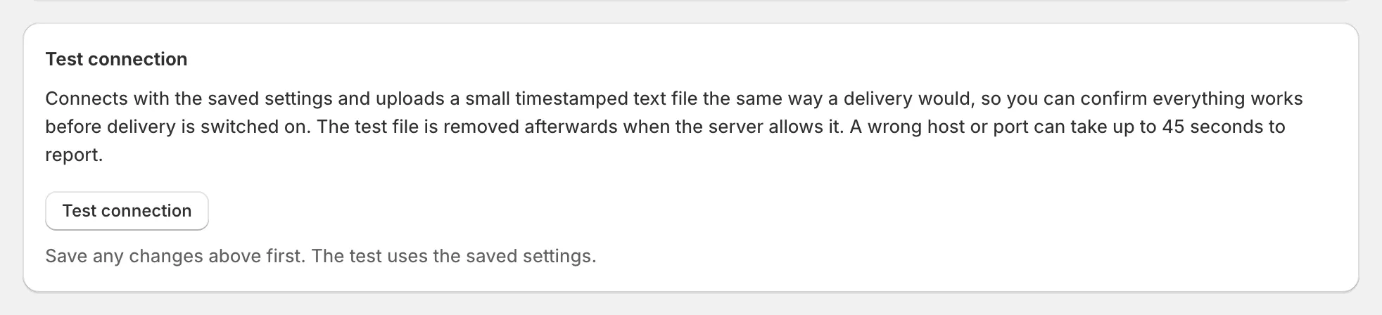 Delivery settings: the Test connection card