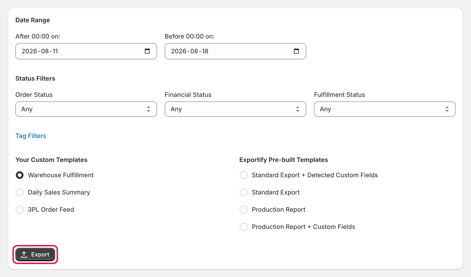 The New Order Export form with the Export button highlighted