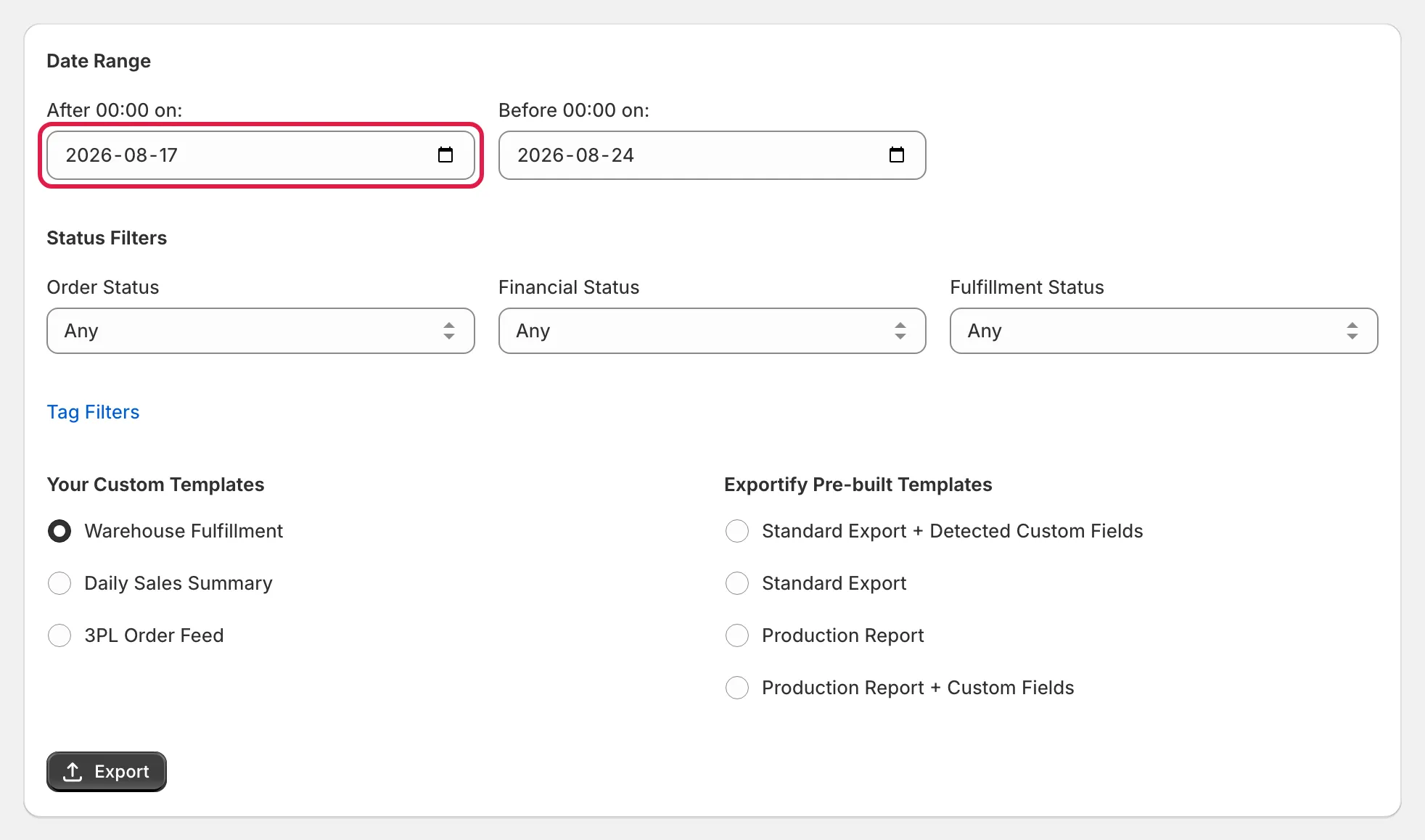 The New Order Export form with the date range fields highlighted