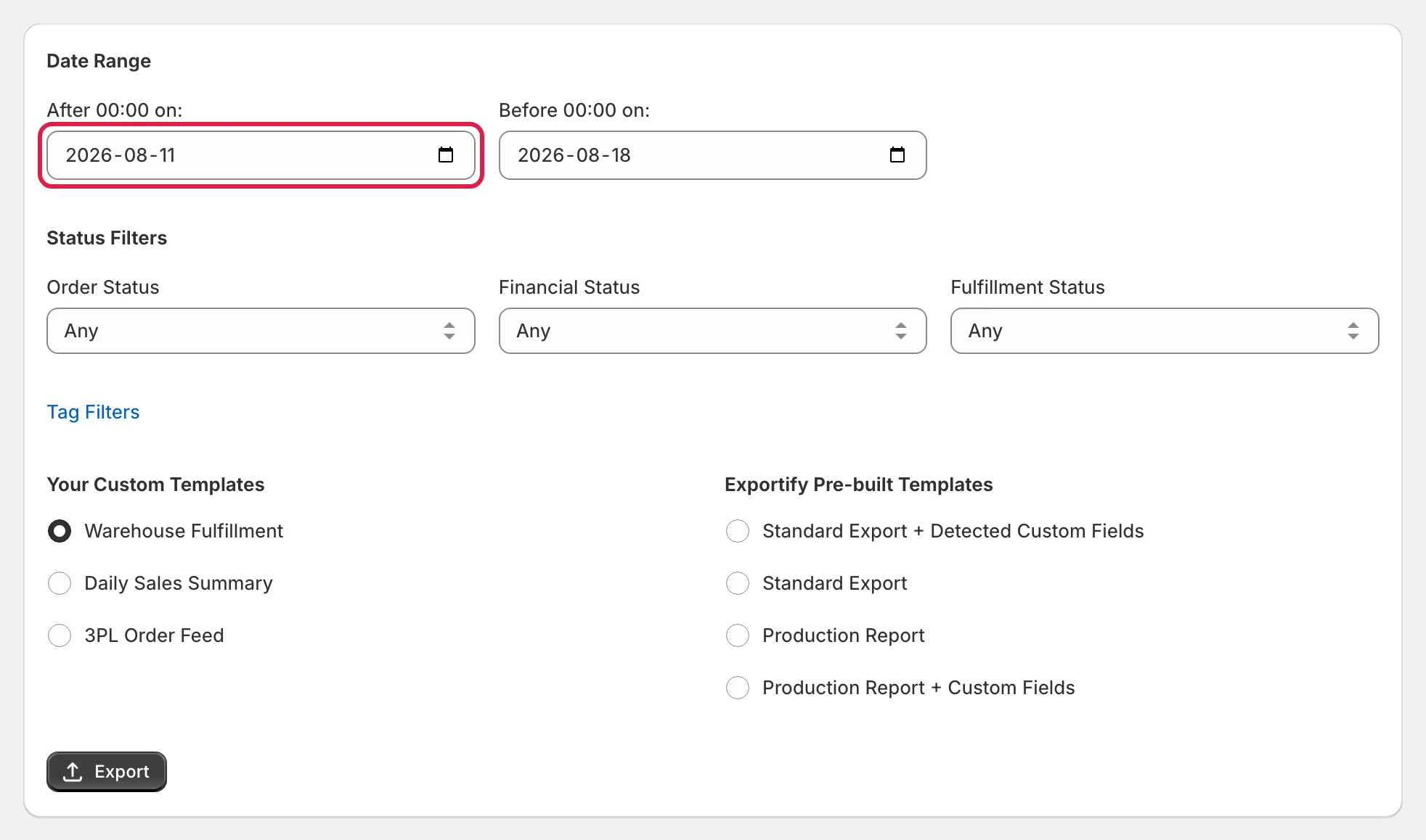 The New Order Export form with the date range fields highlighted
