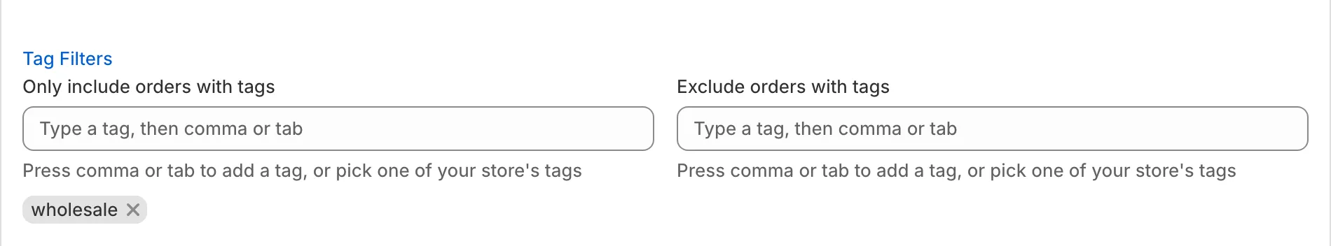 Tag Filters open on the New Order Export form, with wholesale added under Only include orders with tags