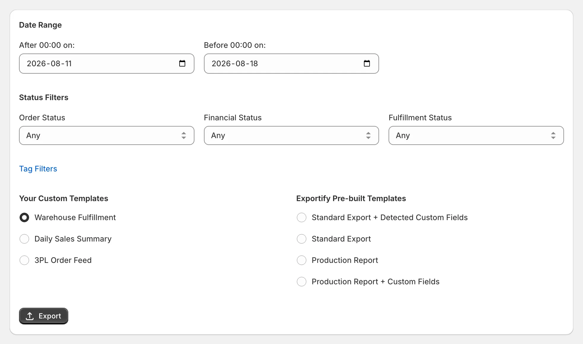 The New Order Export form: date range, status filters, tag filters, template choice and the Export button