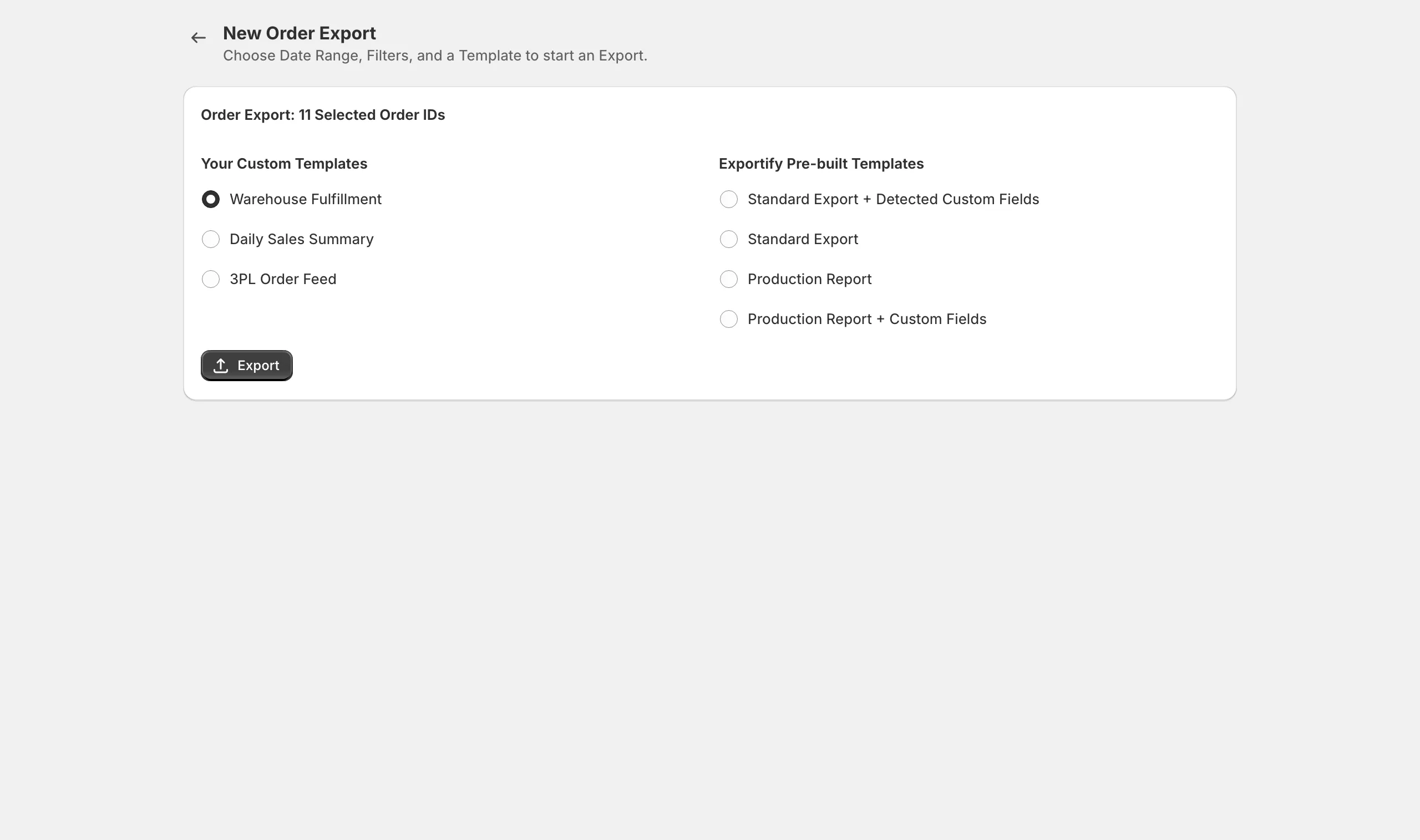 Exportify opened from the Shopify Orders page with the selected orders ready to export