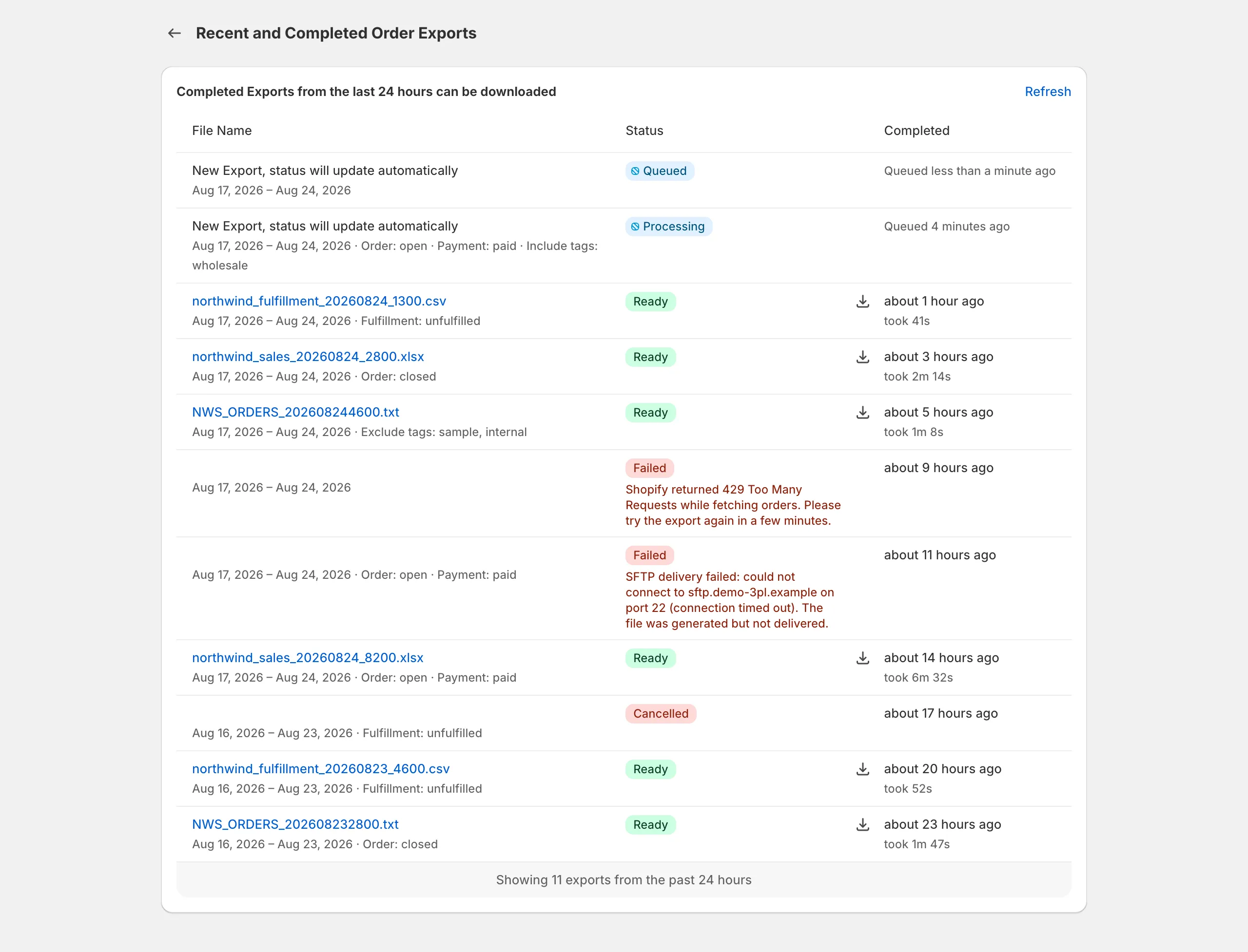 Recent exports including a failed run with its error message