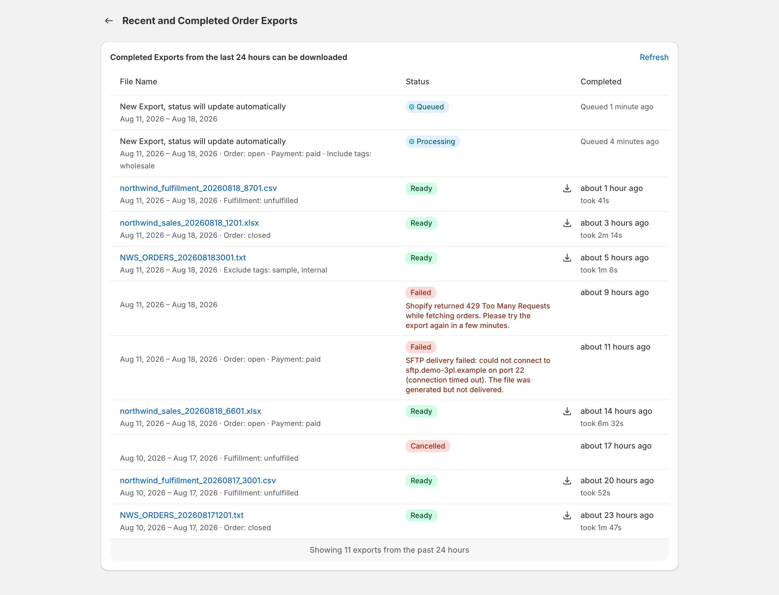 Recent exports including a failed run with its error message