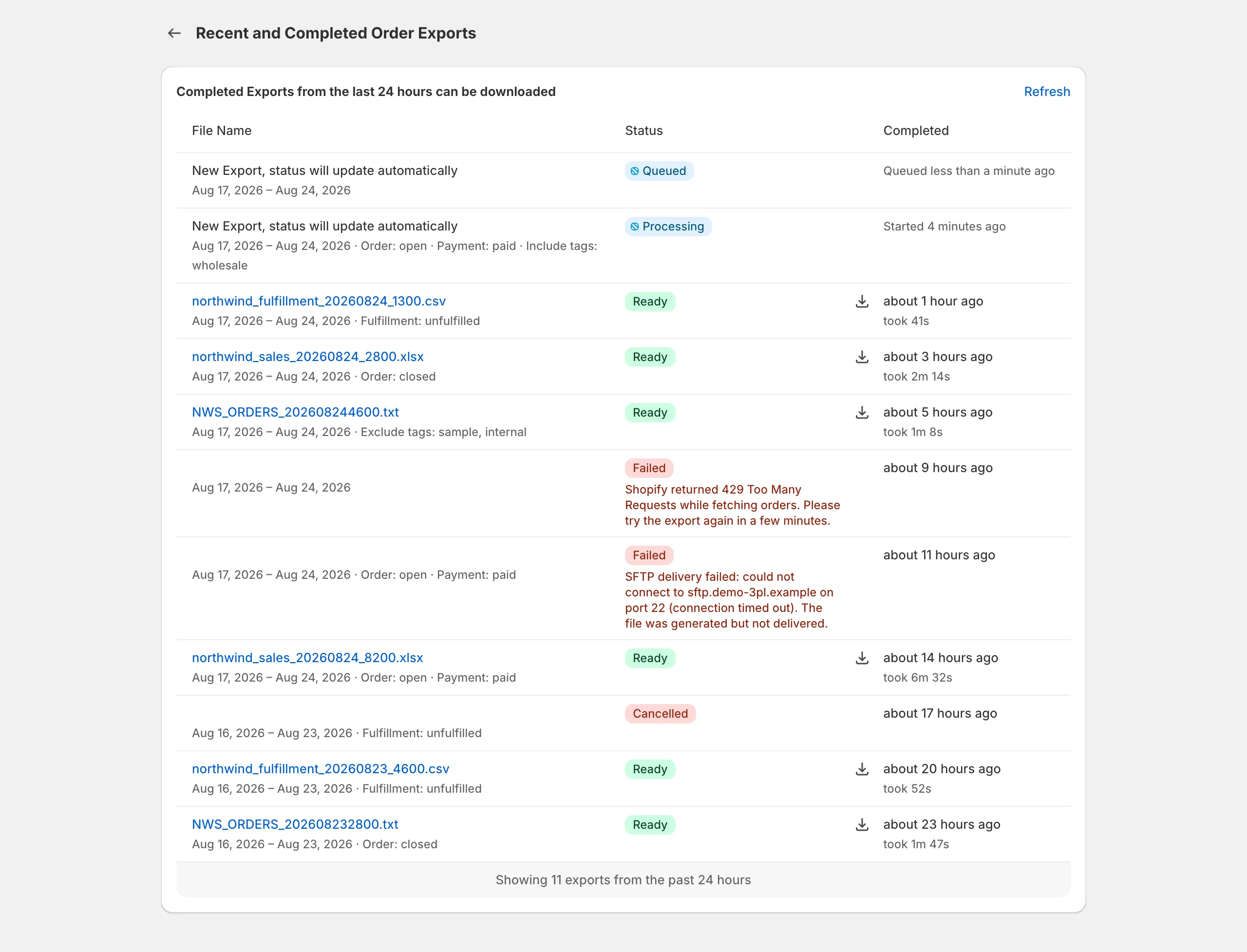 Recent exports including a failed run with its error message