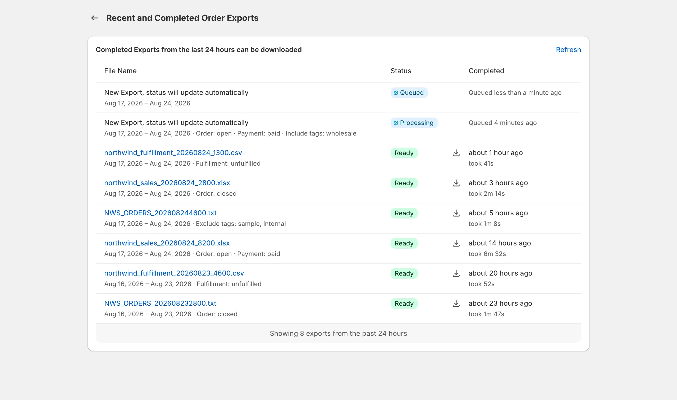 Recent exports list showing queued, processing and ready runs