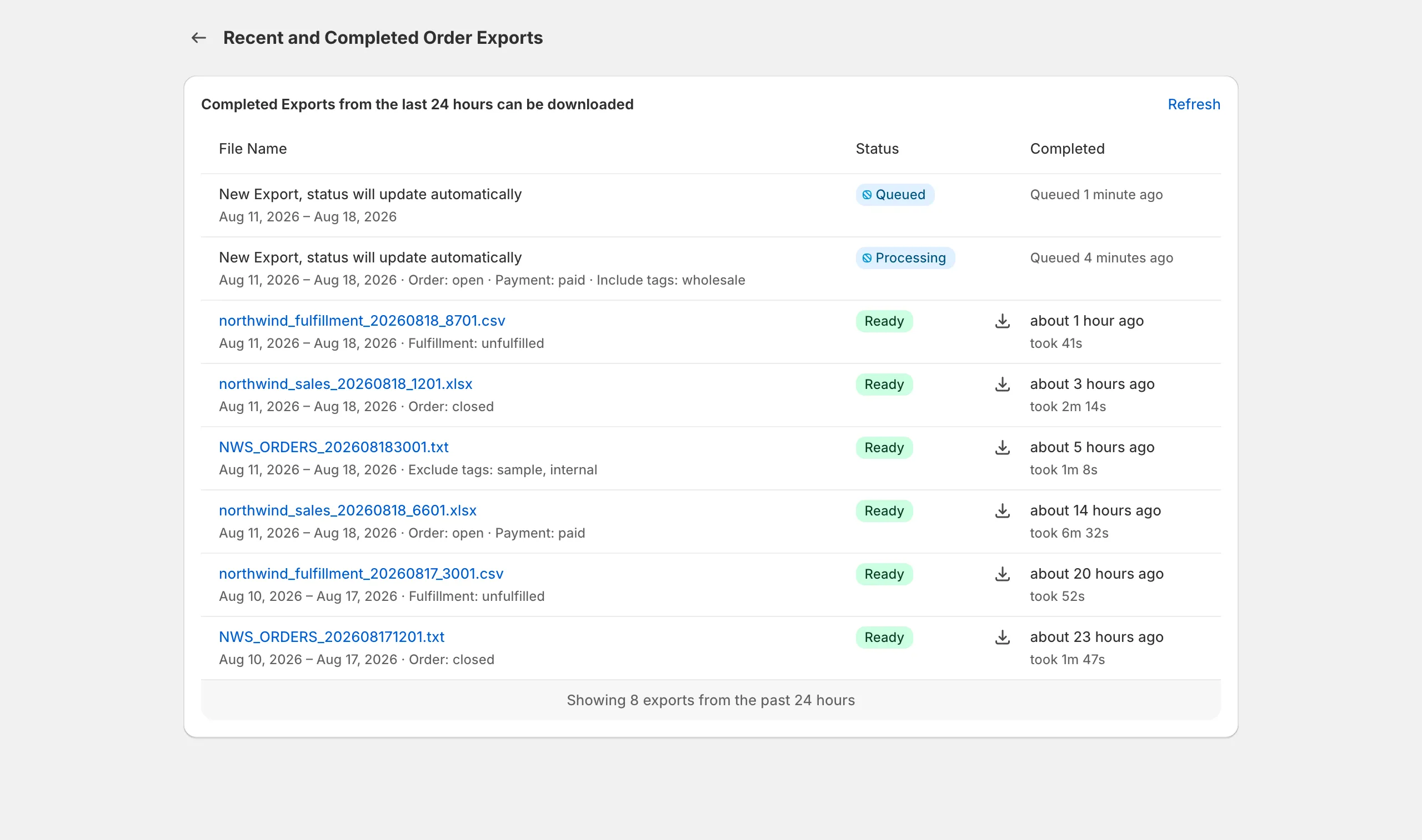 Recent exports list showing queued, processing and ready runs