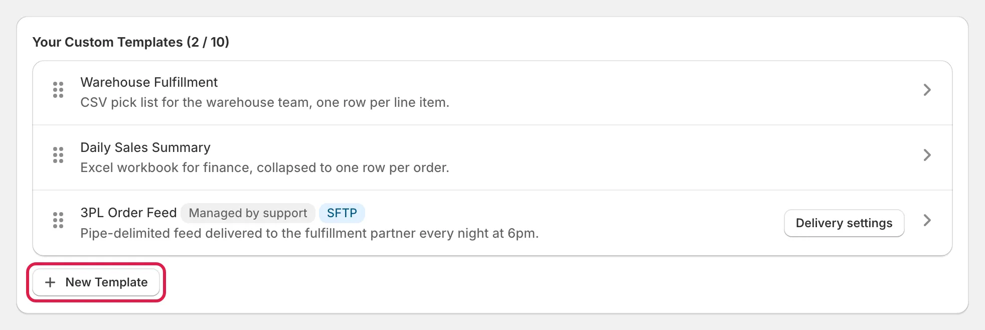 Settings page with the New Template button highlighted