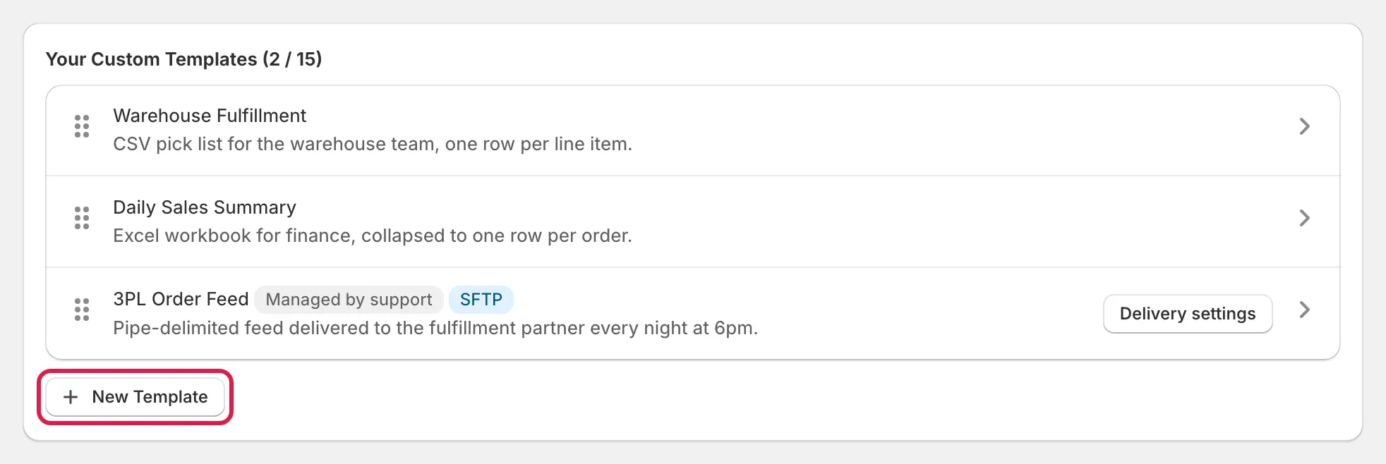 Settings page with the New Template button highlighted