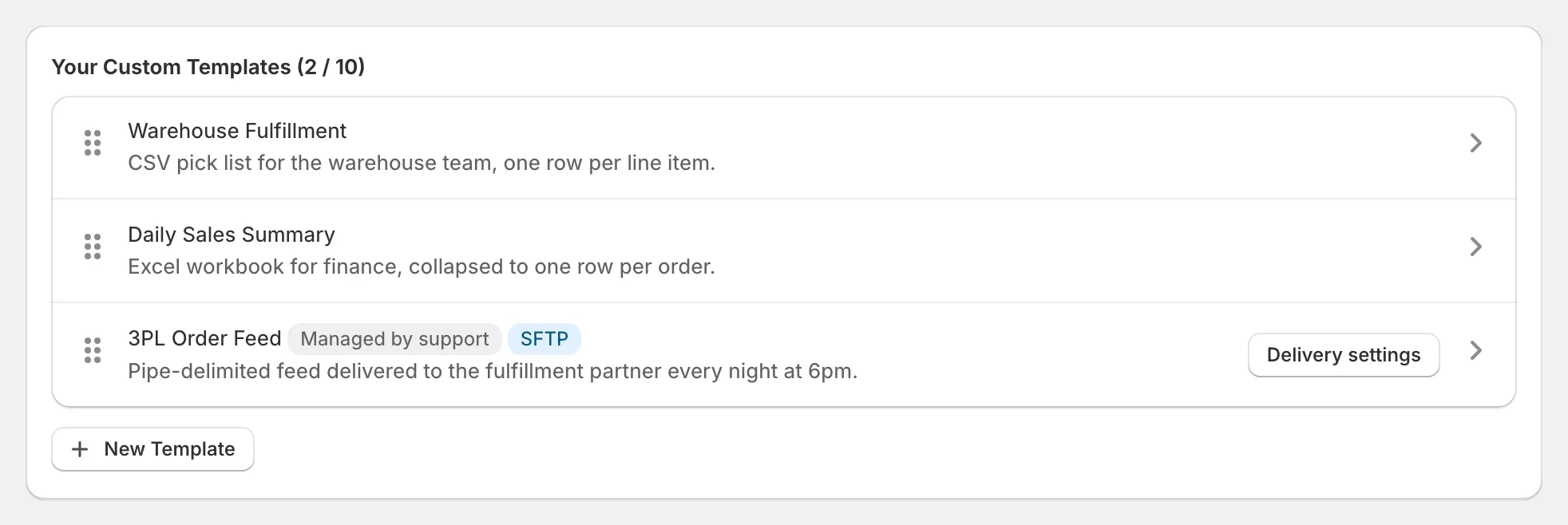 Settings page: the custom templates list
