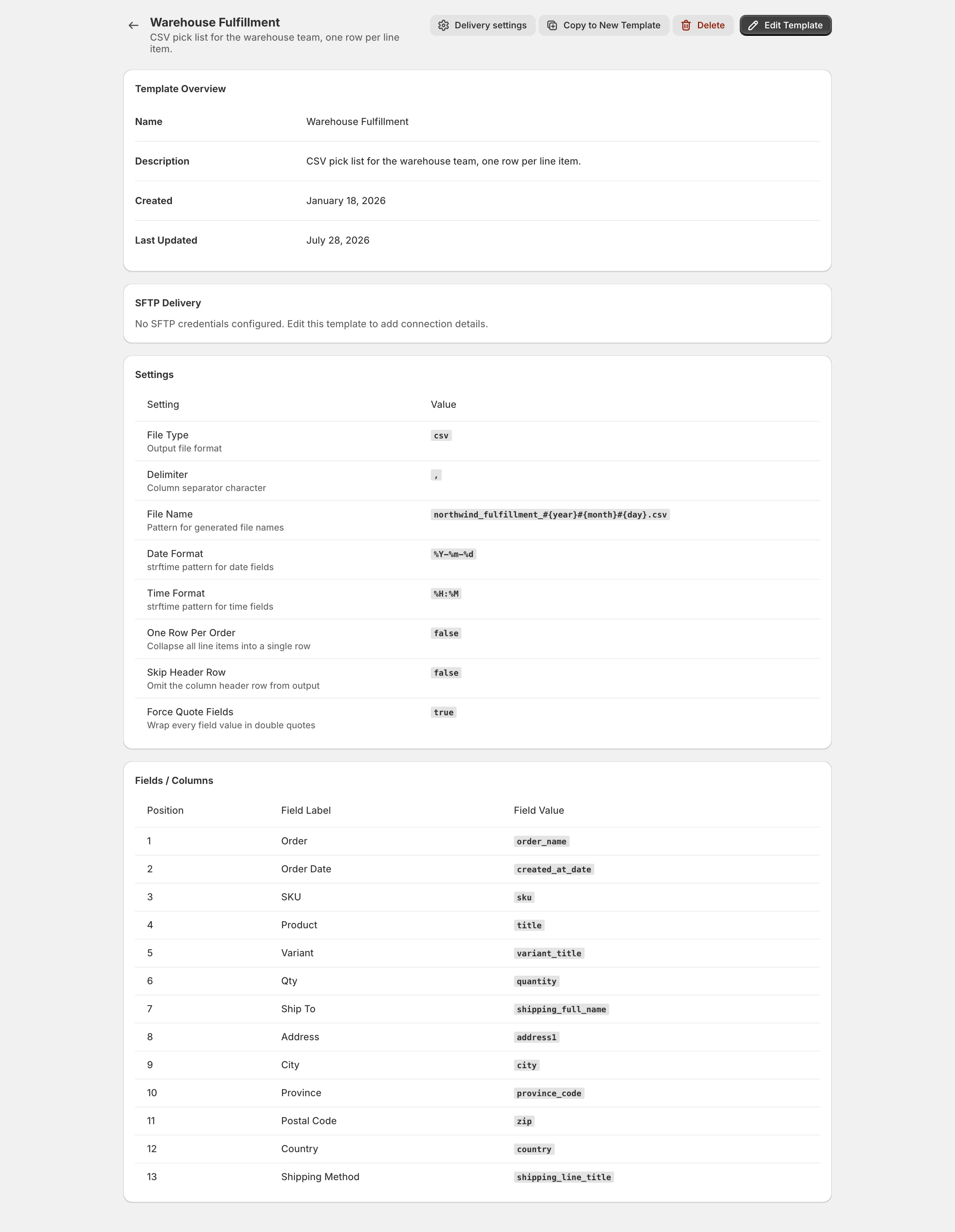 A saved template's detail page