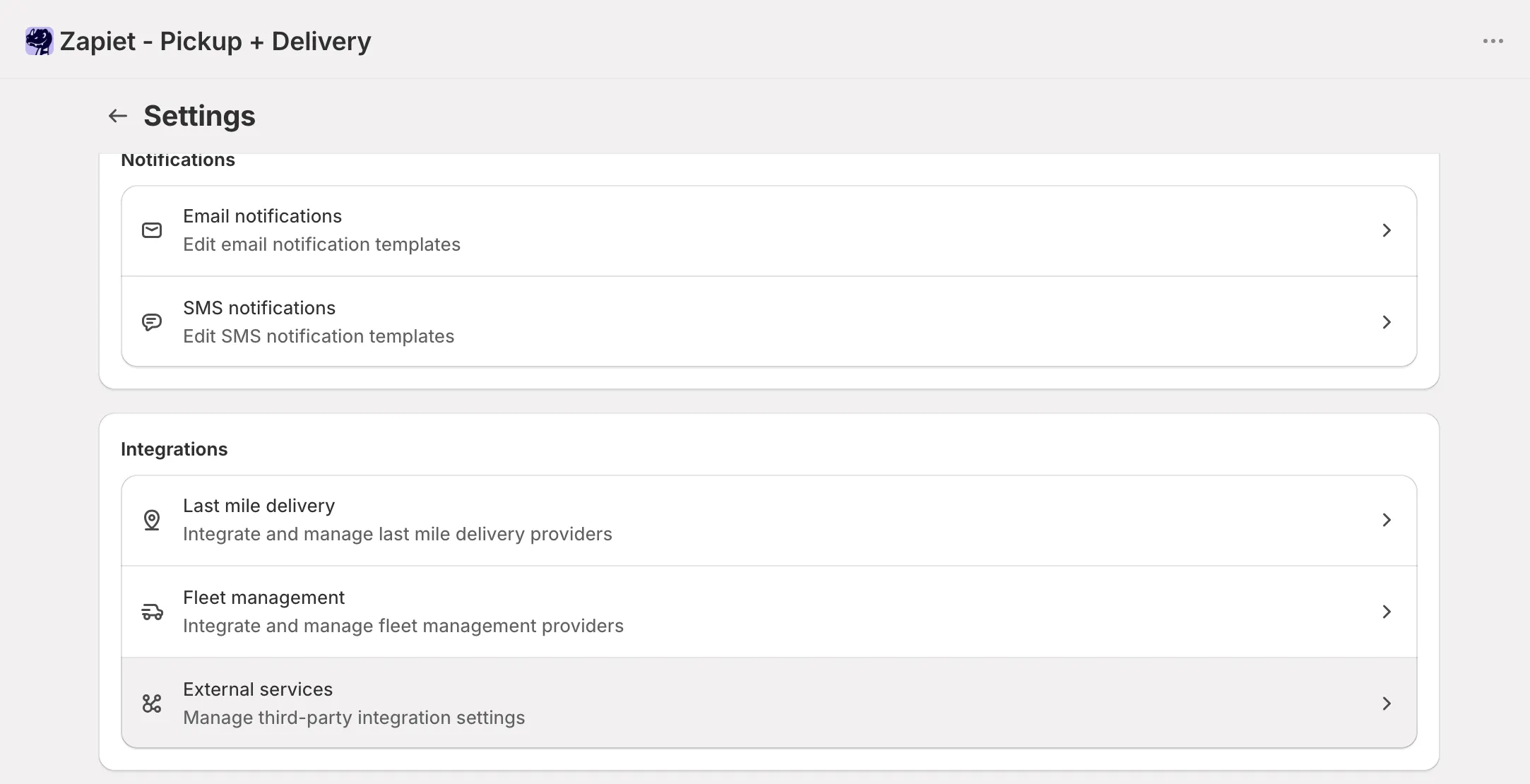 Zapiet settings: the Integrations section with External services
